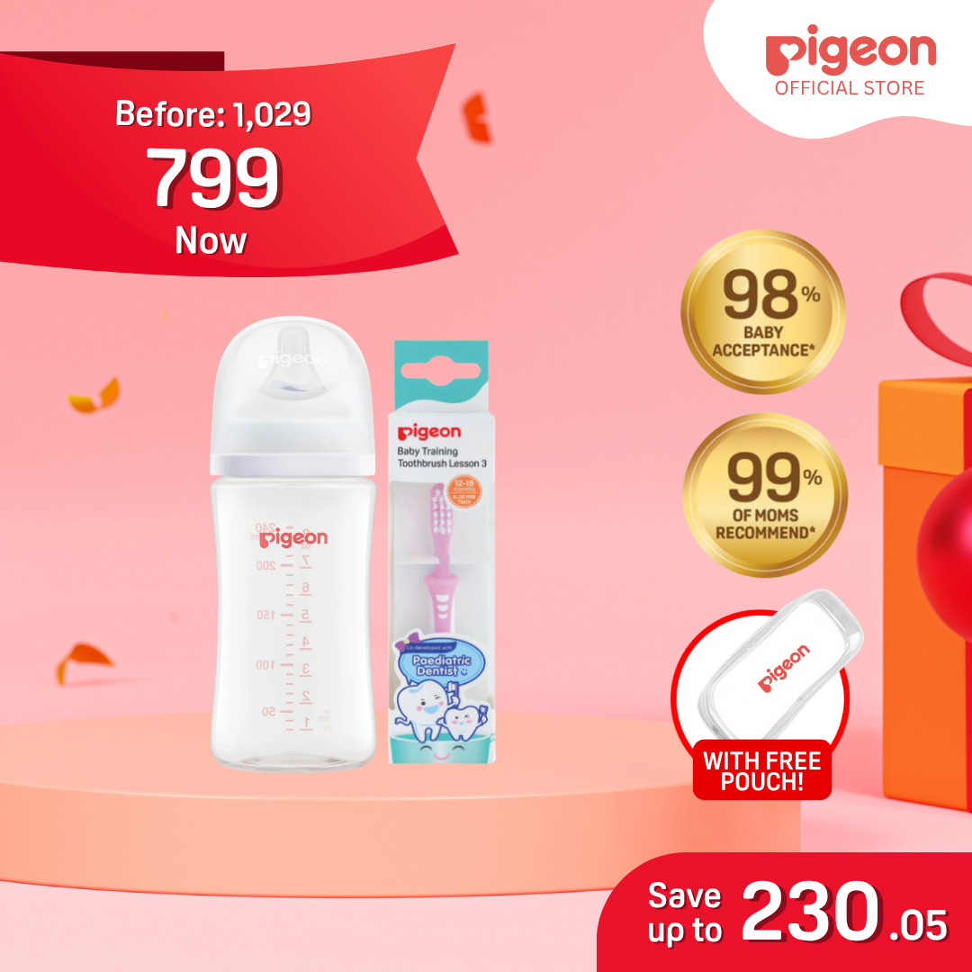 NEW Pigeon Official - Toothbrush Lesson 3 Pink & Wide Neck PP Feeding Bottle 240ml 1pc, Medium Flow, Anti Colic, No Nipple Confusion, AVS System, Latch On Line, BPA Free, Ultra Soft Flexible Nipples, Japan No. 1 Brand (Copy)