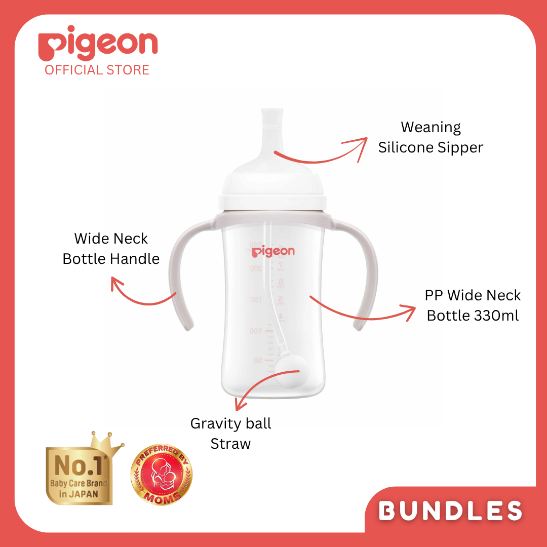 Pigeon Official Toddler Bottle Bundle - Wide Neck Bottle 330ml, Handle, Sipper, Gravity Straw for Weaning, Perfect for Toddlers, Spill Proof, Safe and Hygienic, BPA Free
