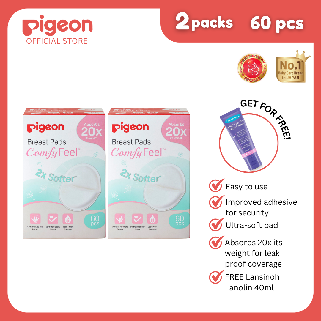 Pigeon Buy 2 Breast Pads 60 pcs, get Free Lansinoh Lanolin 40ml - Leak Proof, Super Absorbent, Natural Ingredients, Safe for Mom & Baby, Breastfeeding Essentials