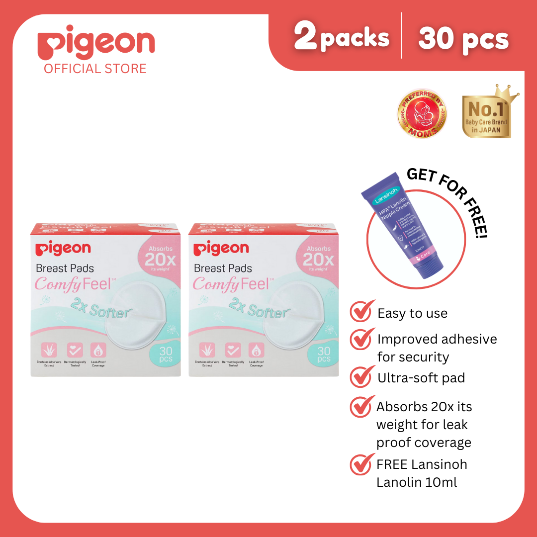 Pigeon Buy 2 Breast Pads 30 pcs, get Free Lansinoh Lanolin 10ml - Leak Proof, Super Absorbent, Natural Ingredients, Safe for Mom & Baby, Breastfeeding Essentials