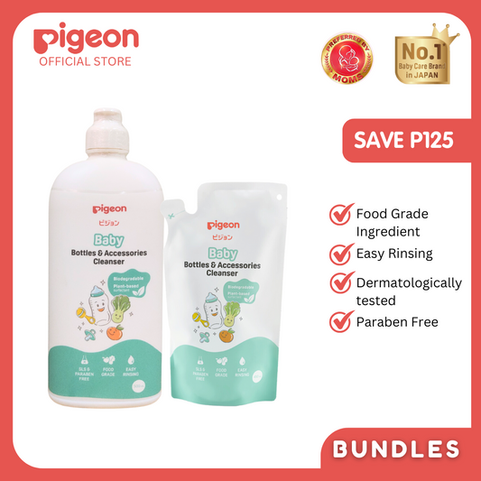 Pigeon Liquid Cleanser Bottle and Refill Bundle - Safe for babies, Can be used for fruits & veggies, Food Grade, Paraben Free, Dermatologically Tested, Easy Rinsing, SLS SLES Free