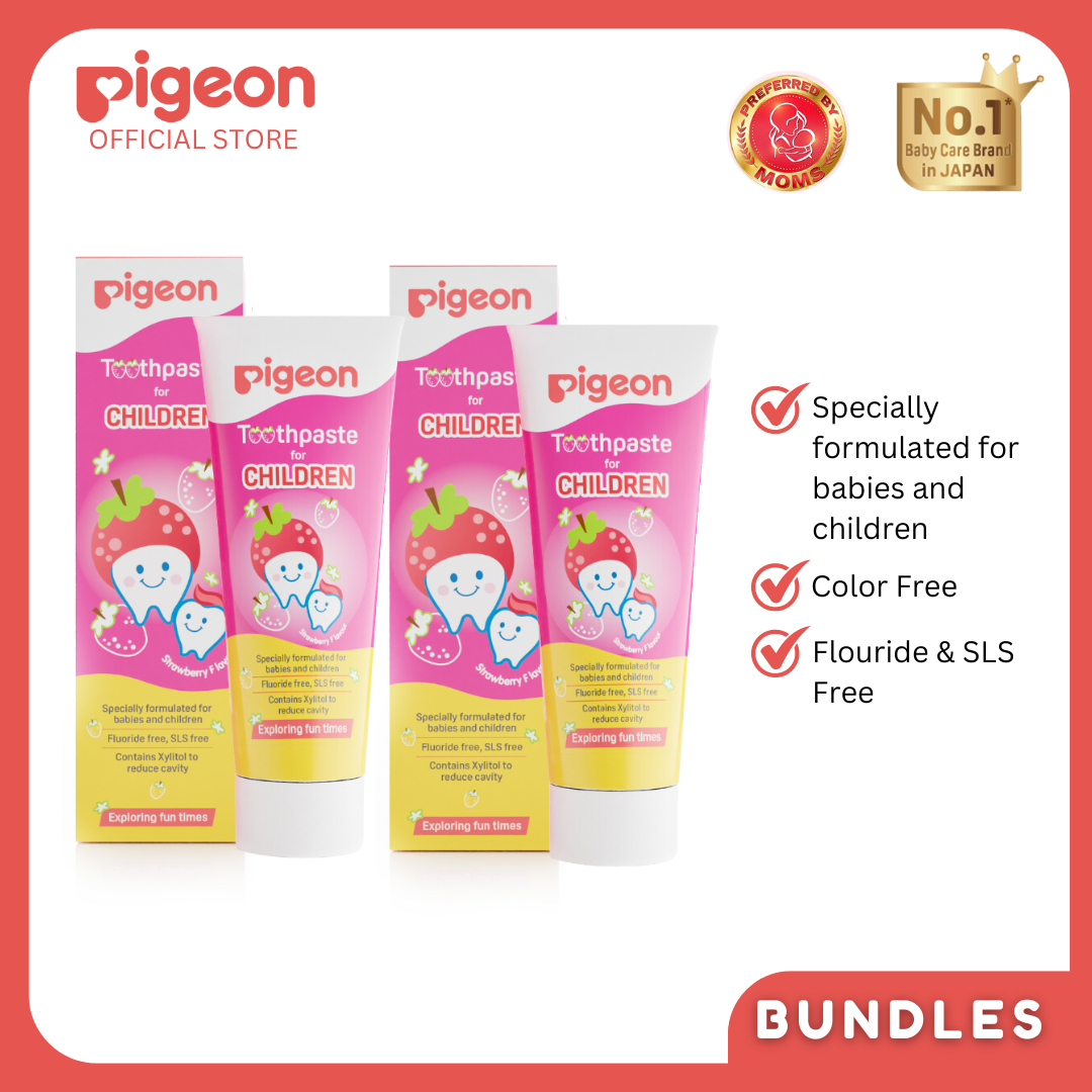 Pigeon Official - Toothpaste Strawberry 0+ Months 2pcs - 100% Food Grade Ingredients, SLS/Fluoride Free, Safe if swallowed, Gentle on new milk teeth, made with Xylitol agent, Co-developed with Pediatric Dentist, Japan No. 1 Brand