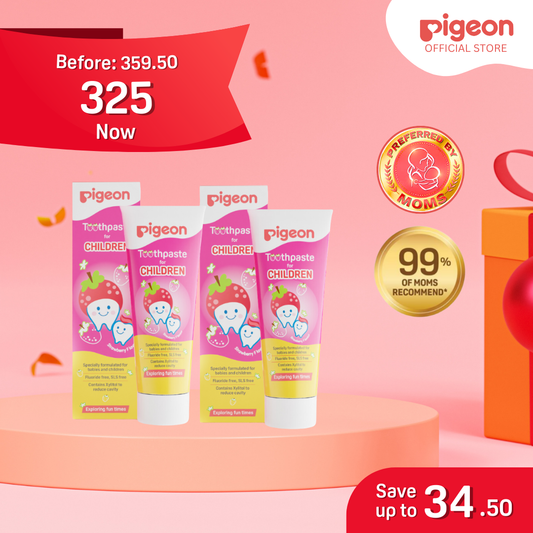 Pigeon Official - Toothpaste Strawberry 0+ Months 2pcs - 100% Food Grade Ingredients, SLS/Fluoride Free, Safe if swallowed, Gentle on new milk teeth, made with Xylitol agent, Co-developed with Pediatric Dentist, Japan No. 1 Brand