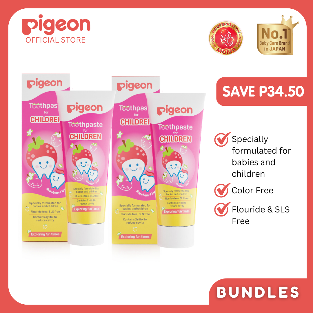 Pigeon Official - Toothpaste Strawberry 0+ Months 2pcs - 100% Food Grade Ingredients, SLS/Fluoride Free, Safe if swallowed, Gentle on new milk teeth, made with Xylitol agent, Co-developed with Pediatric Dentist, Japan No. 1 Brand