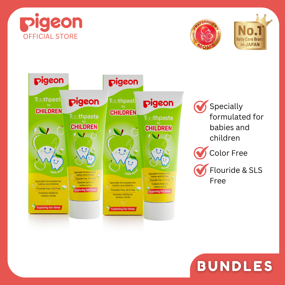Pigeon Official - Toothpaste Apple 0+ Months 2pcs - 100% Food Grade Ingredients, SLS/Fluoride Free, Safe if swallowed, Gentle on new milk teeth, made with Xylitol agent, Co-developed with Pediatric Dentist, Japan No. 1 Brand