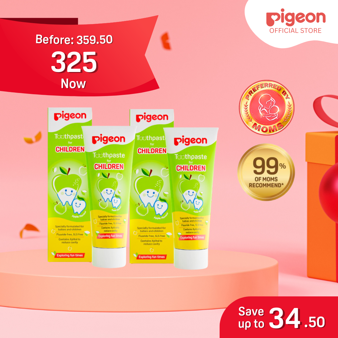 Pigeon Official - Toothpaste Apple 0+ Months 2pcs - 100% Food Grade Ingredients, SLS/Fluoride Free, Safe if swallowed, Gentle on new milk teeth, made with Xylitol agent, Co-developed with Pediatric Dentist, Japan No. 1 Brand