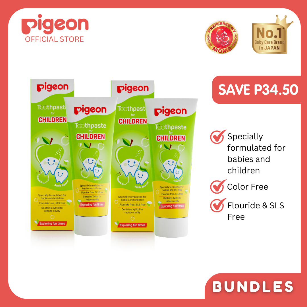 Pigeon Official - Toothpaste Apple 0+ Months 2pcs - 100% Food Grade Ingredients, SLS/Fluoride Free, Safe if swallowed, Gentle on new milk teeth, made with Xylitol agent, Co-developed with Pediatric Dentist, Japan No. 1 Brand