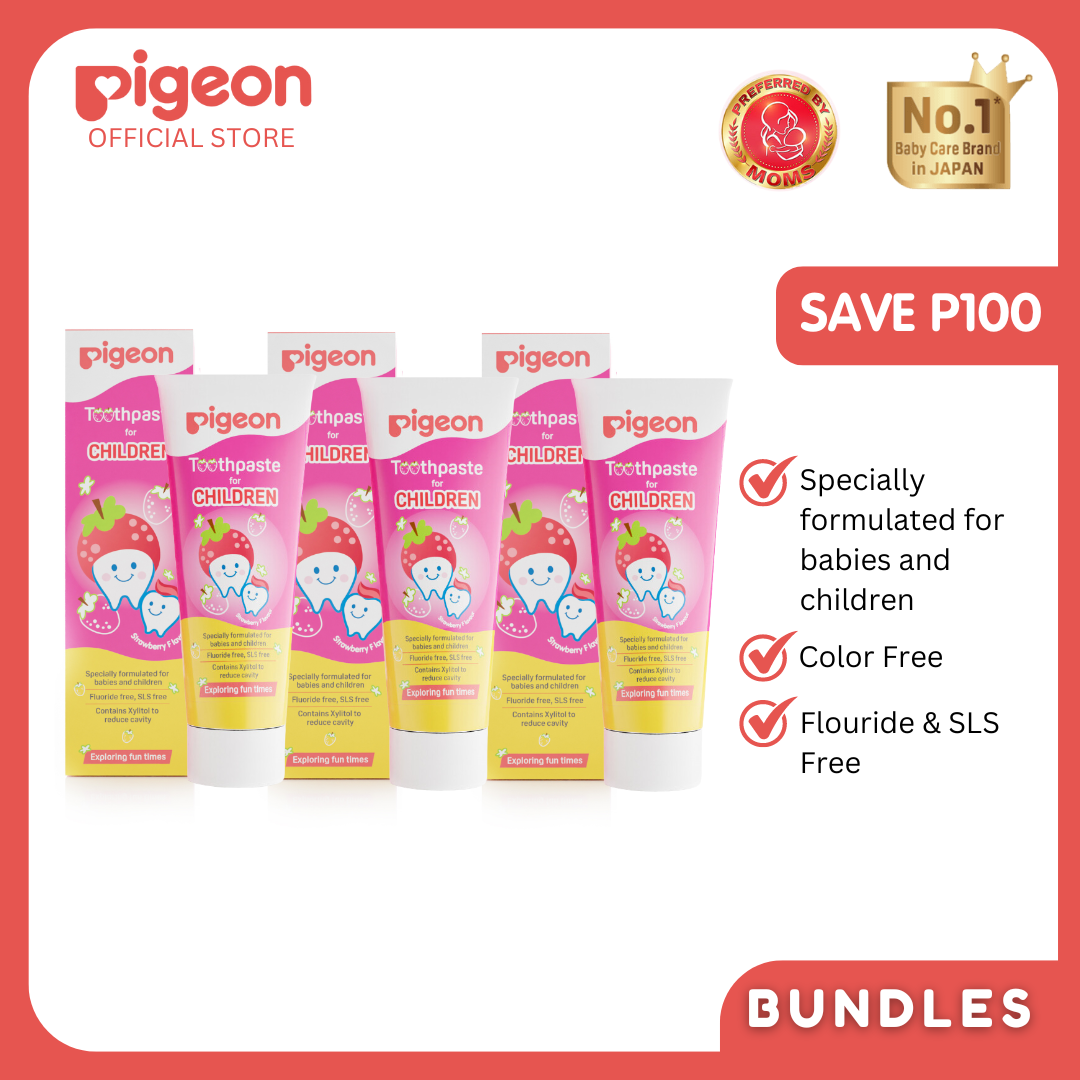 Pigeon Official - Toothpaste Strawberry 0+ Months 3pcs - 100% Food Grade Ingredients, SLS/Fluoride Free, Safe if swallowed, Gentle on new milk teeth, made with Xylitol agent, Co-developed with Pediatric Dentist, Japan No. 1 Brand (Copy)