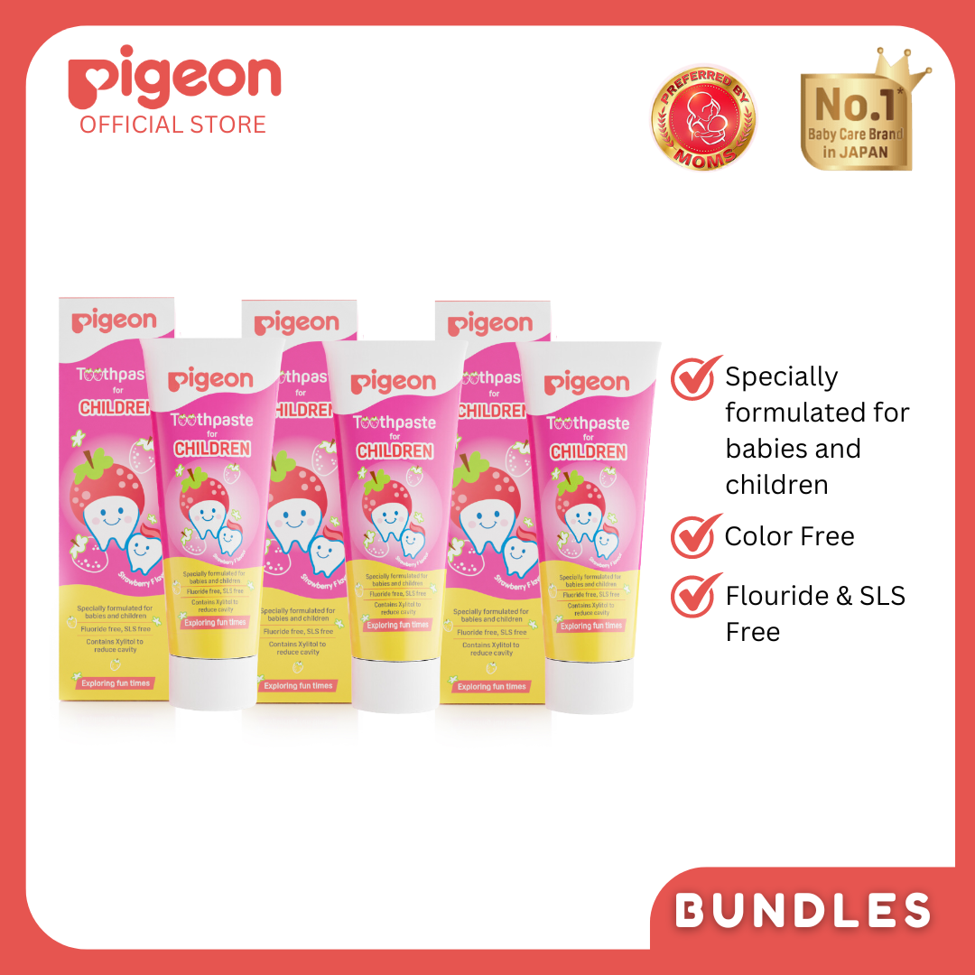 Pigeon Official - Toothpaste Strawberry 0+ Months 3pcs - 100% Food Grade Ingredients, SLS/Fluoride Free, Safe if swallowed, Gentle on new milk teeth, made with Xylitol agent, Co-developed with Pediatric Dentist, Japan No. 1 Brand (Copy)