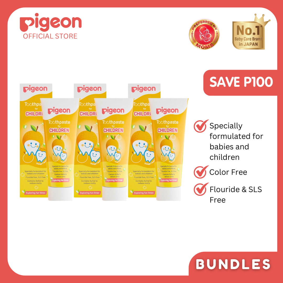 Pigeon Official - Toothpaste Orange 0+ Months 3pcs - 100% Food Grade Ingredients, SLS/Fluoride Free, Safe if swallowed, Gentle on new milk teeth, made with Xylitol agent, Co-developed with Pediatric Dentist, Japan No. 1 Brand