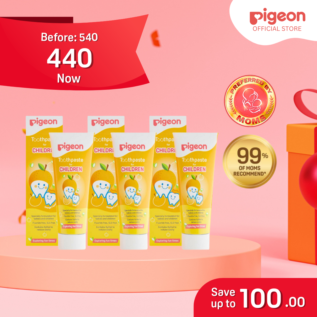 Pigeon Official - Toothpaste Orange 0+ Months 3pcs - 100% Food Grade Ingredients, SLS/Fluoride Free, Safe if swallowed, Gentle on new milk teeth, made with Xylitol agent, Co-developed with Pediatric Dentist, Japan No. 1 Brand
