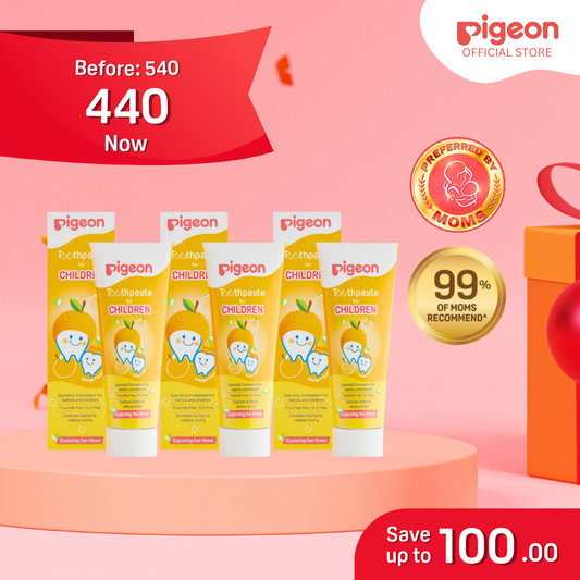 Pigeon Official - Toothpaste Orange 0+ Months 3pcs - 100% Food Grade Ingredients, SLS/Fluoride Free, Safe if swallowed, Gentle on new milk teeth, made with Xylitol agent, Co-developed with Pediatric Dentist, Japan No. 1 Brand