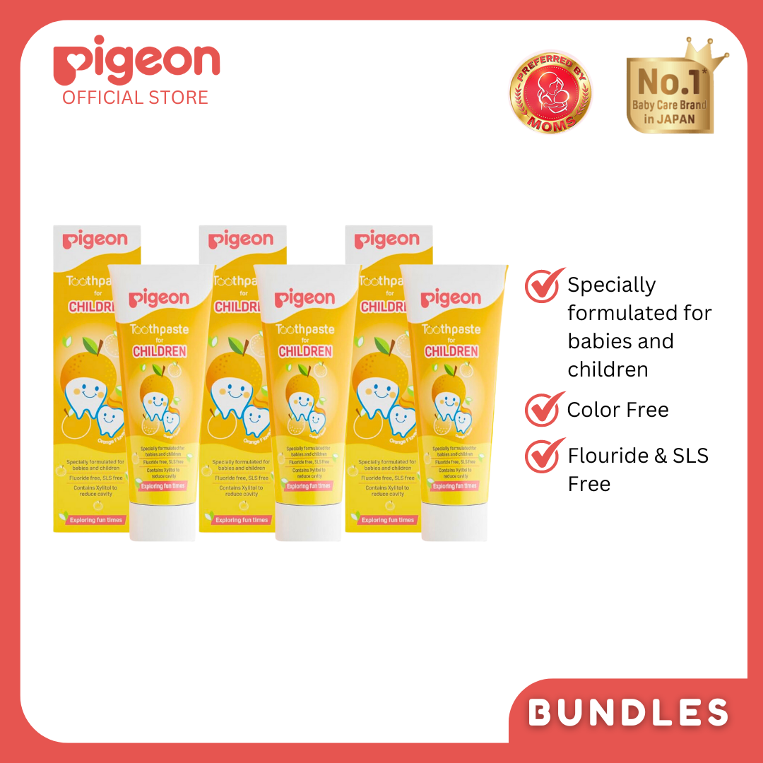 Pigeon Official - Toothpaste Orange 0+ Months 3pcs - 100% Food Grade Ingredients, SLS/Fluoride Free, Safe if swallowed, Gentle on new milk teeth, made with Xylitol agent, Co-developed with Pediatric Dentist, Japan No. 1 Brand