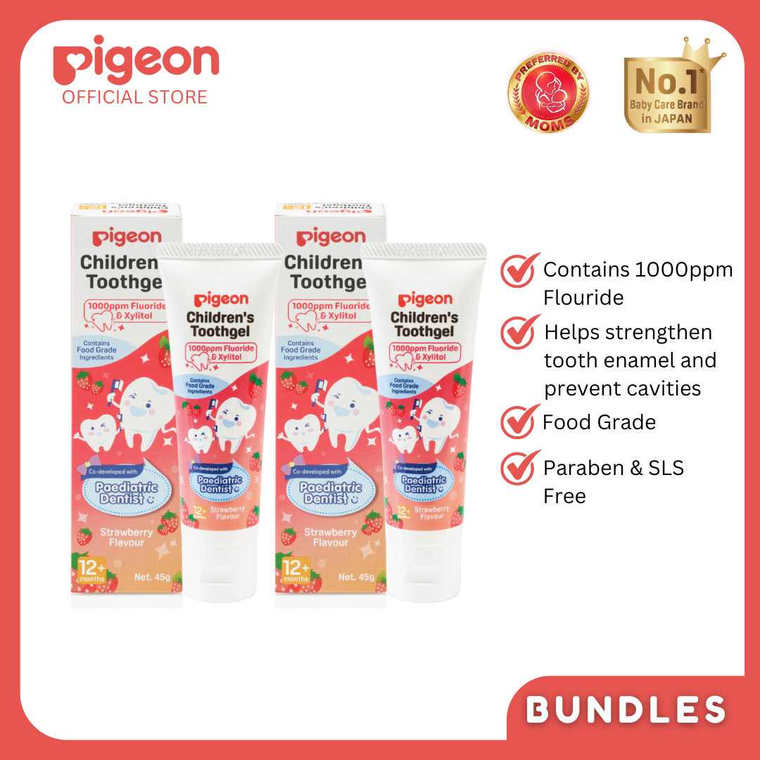 Pigeon Official - Toothgel Strawberry 12+ Months 2pcs - PDA Recognized, 1000ppm Fluoride (dentist recommended), Food Grade, Low foam for easy rinsing, Strengthens tooth enamel, Co-developed with Pediatric Dentist, Japan No. 1 Brand