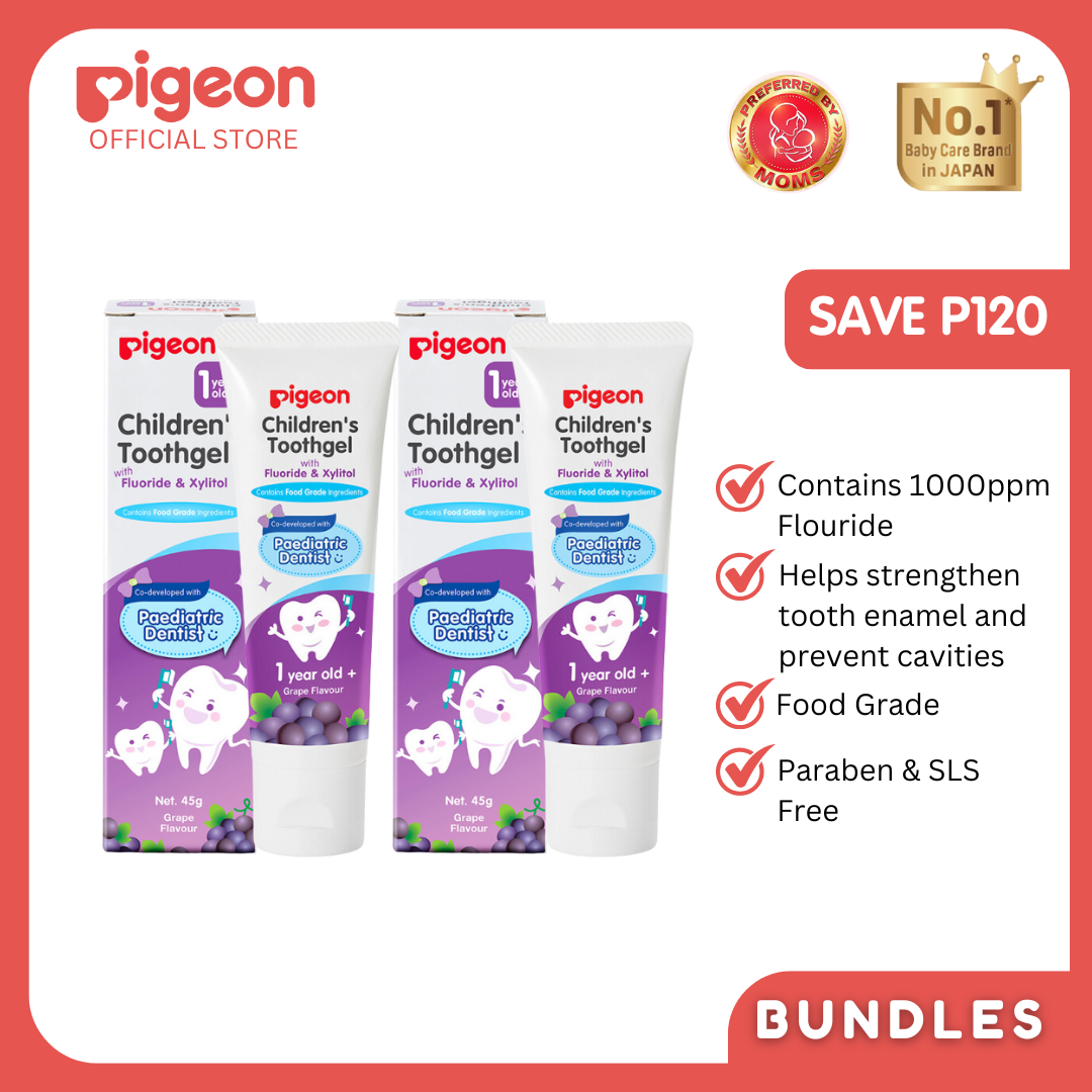 Pigeon Official - Toothgel Grapes 12+ Months 2pcs - 1000ppm Fluoride (dentist recommended), Food Grade, Low foam for easy rinsing, Strengthens tooth enamel, Co-developed with Pediatric Dentist, Japan No. 1 Brand