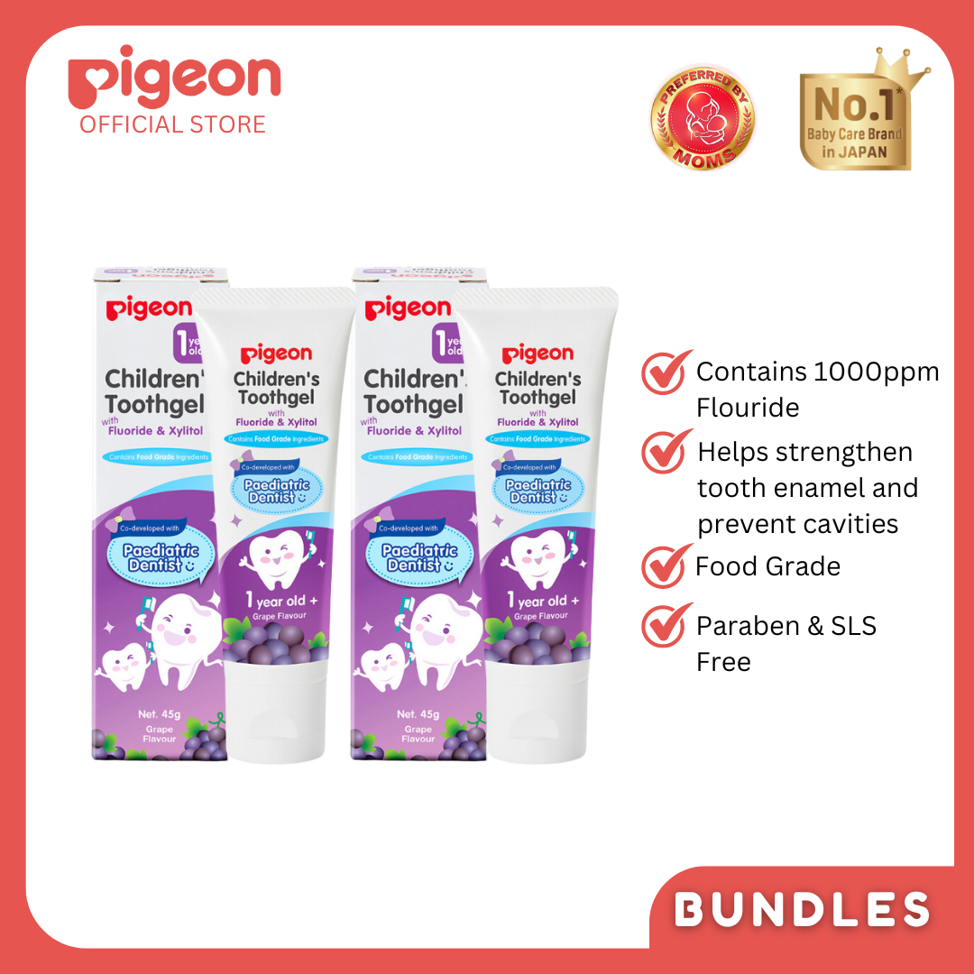 Pigeon Official - Toothgel Grapes 12+ Months 2pcs - 1000ppm Fluoride (dentist recommended), Food Grade, Low foam for easy rinsing, Strengthens tooth enamel, Co-developed with Pediatric Dentist, Japan No. 1 Brand