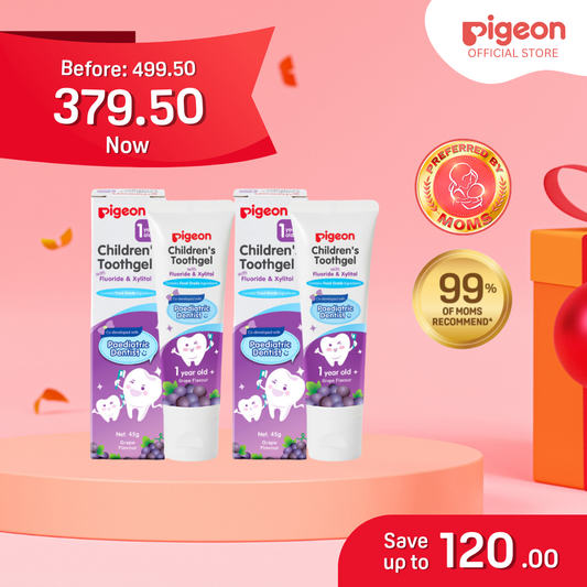 Pigeon Official - Toothgel Grapes 12+ Months 2pcs - 1000ppm Fluoride (dentist recommended), Food Grade, Low foam for easy rinsing, Strengthens tooth enamel, Co-developed with Pediatric Dentist, Japan No. 1 Brand