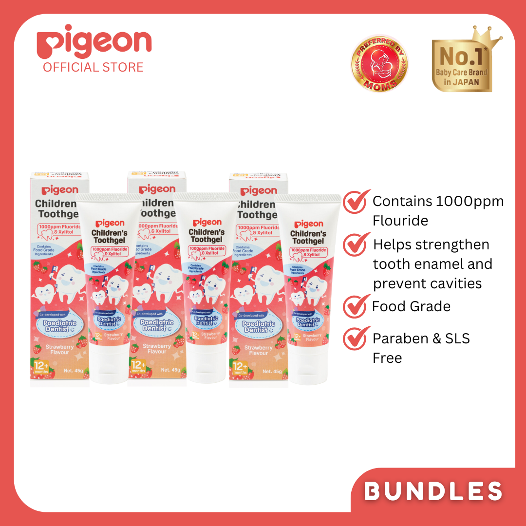 Pigeon Official - Toothgel Strawberry 12+ Months 3pcs - PDA Recognized, 1000ppm Fluoride (dentist recommended), Food Grade, Low foam for easy rinsing, Strengthens tooth enamel, Co-developed with Pediatric Dentist, Japan No. 1 Brand