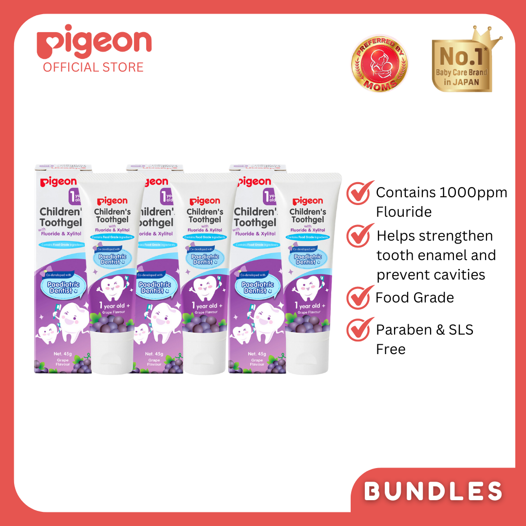 Pigeon Official - Toothgel Grapes 12+ Months 3pcs - 1000ppm Fluoride (dentist recommended), Food Grade, Low foam for easy rinsing, Strengthens tooth enamel, Co-developed with Pediatric Dentist, Japan No. 1 Brand