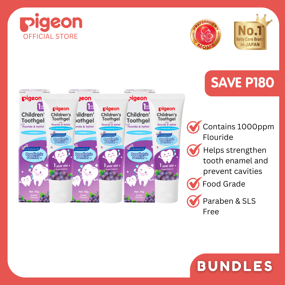 Pigeon Official - Toothgel Grapes 12+ Months 3pcs - 1000ppm Fluoride (dentist recommended), Food Grade, Low foam for easy rinsing, Strengthens tooth enamel, Co-developed with Pediatric Dentist, Japan No. 1 Brand