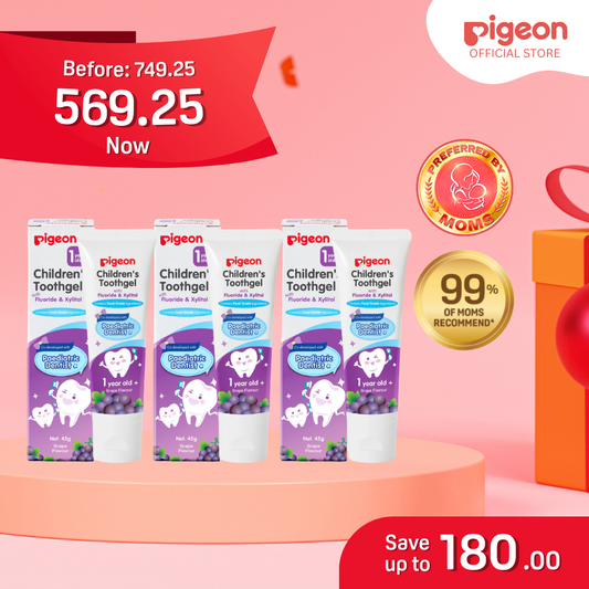 Pigeon Official - Toothgel Grapes 12+ Months 3pcs - 1000ppm Fluoride (dentist recommended), Food Grade, Low foam for easy rinsing, Strengthens tooth enamel, Co-developed with Pediatric Dentist, Japan No. 1 Brand