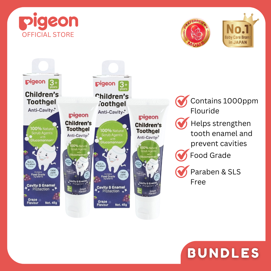 Pigeon Official - Toothgel Grape 3+ Years Pack of 2 - 1000ppm Fluoride (Dentist Recommended), Food Grade, with Glucomannan, Low foam for easy rinsing, Strengthens tooth enamel, Co-developed with Pediatric Dentist, Japan No. 1 Brand