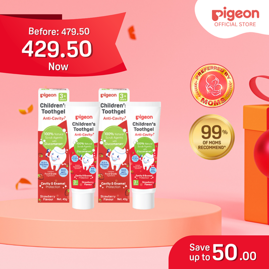 Pigeon Official - Toothgel Strawberry 3+ Years Pack of 2 - 1000ppm Fluoride (Dentist Recommended), Food Grade, with Glucomannan, Low foam for easy rinsing, Strengthens tooth enamel, Co-developed with Pediatric Dentist, Japan No. 1 Brand