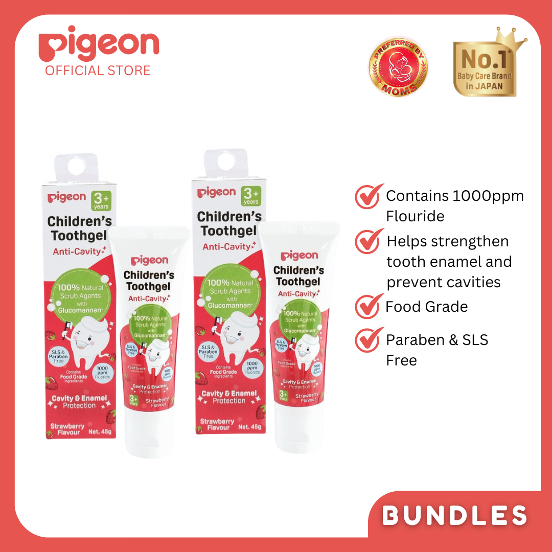 Pigeon Official - Toothgel Strawberry 3+ Years Pack of 2 - 1000ppm Fluoride (Dentist Recommended), Food Grade, with Glucomannan, Low foam for easy rinsing, Strengthens tooth enamel, Co-developed with Pediatric Dentist, Japan No. 1 Brand