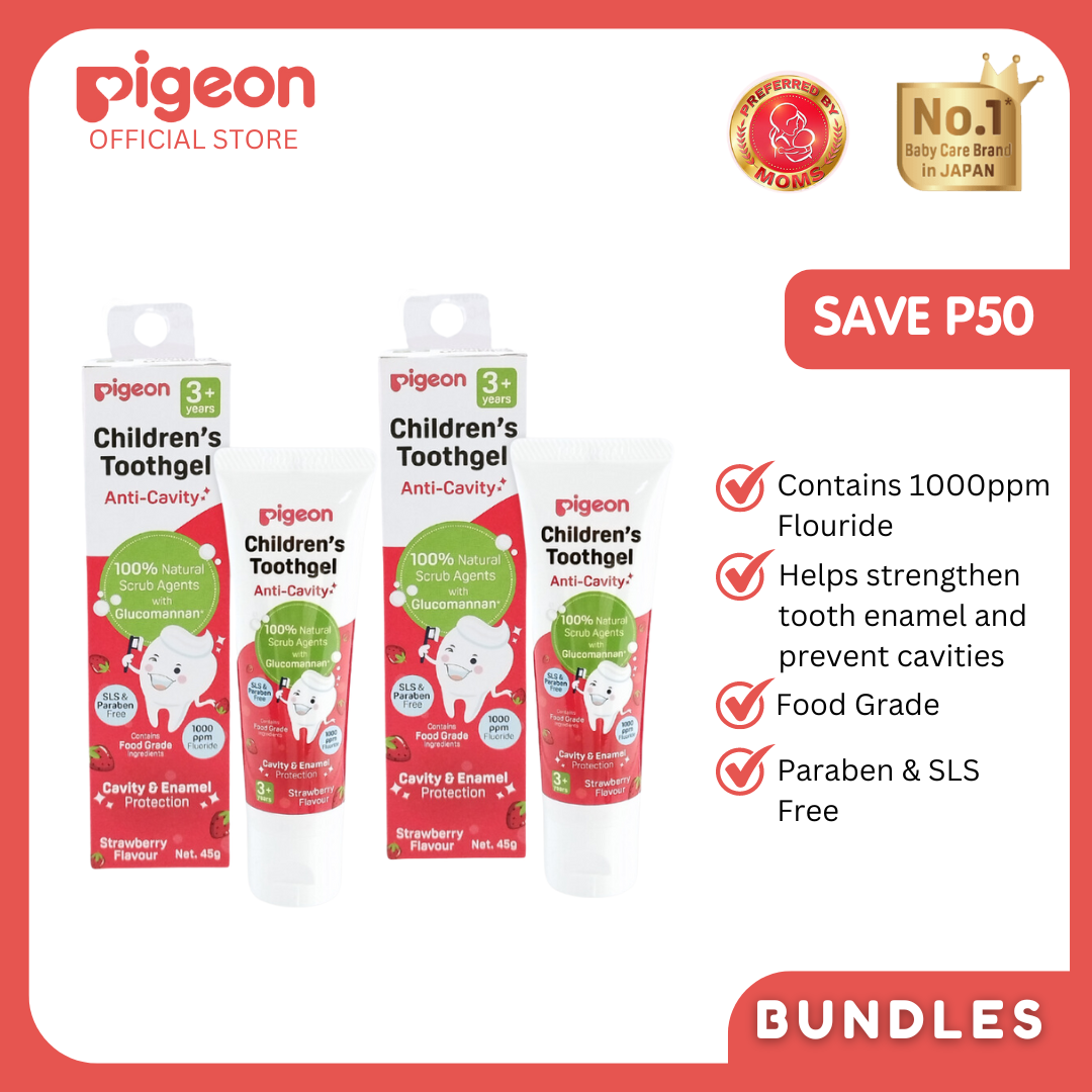 Pigeon Official - Toothgel Strawberry 3+ Years Pack of 2 - 1000ppm Fluoride (Dentist Recommended), Food Grade, with Glucomannan, Low foam for easy rinsing, Strengthens tooth enamel, Co-developed with Pediatric Dentist, Japan No. 1 Brand