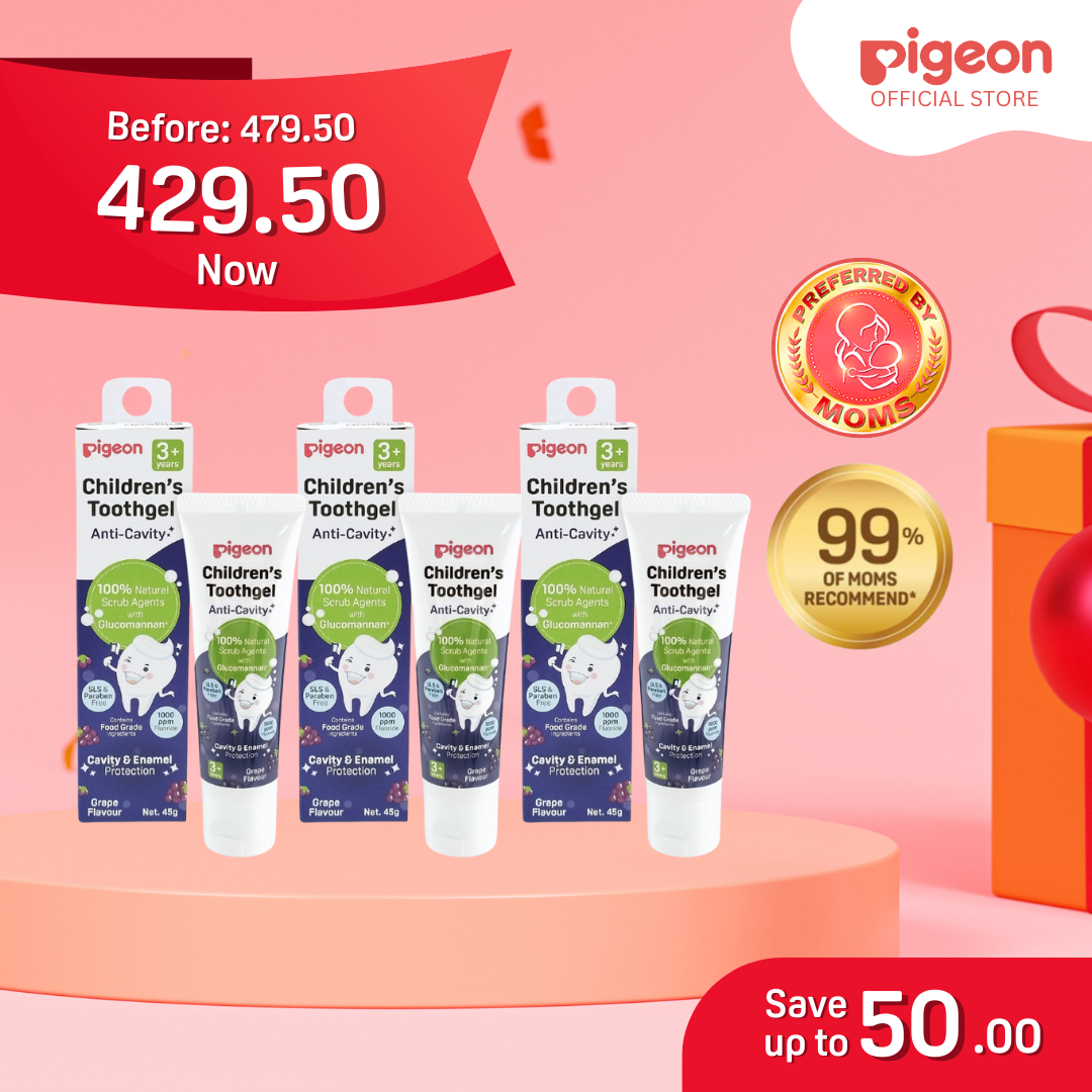 Pigeon Official - Toothgel Grape  3+ Years Pack of 3 - 1000ppm Fluoride (Dentist Recommended), Food Grade, with Glucomannan, Low foam for easy rinsing, Strengthens tooth enamel, Co-developed with Pediatric Dentist, Japan No. 1 Brand