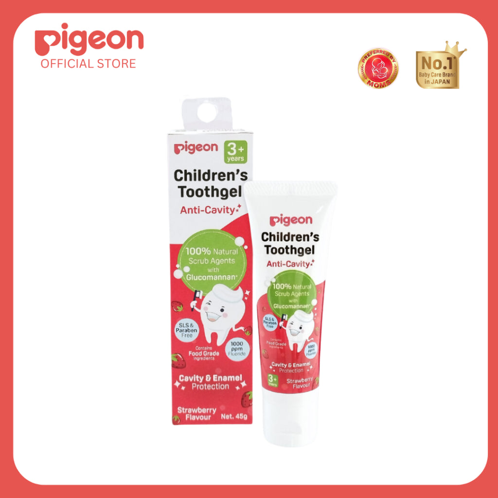 Pigeon Official Children's Toothgel 3+ year Strawberry Pack of 3 - Low Foaming, Anti Cavity, Safe to Swallow, 1000ppm, Food grade, Paraben SLS Silica Free, 100% Natural Scrub agent Glucomannan