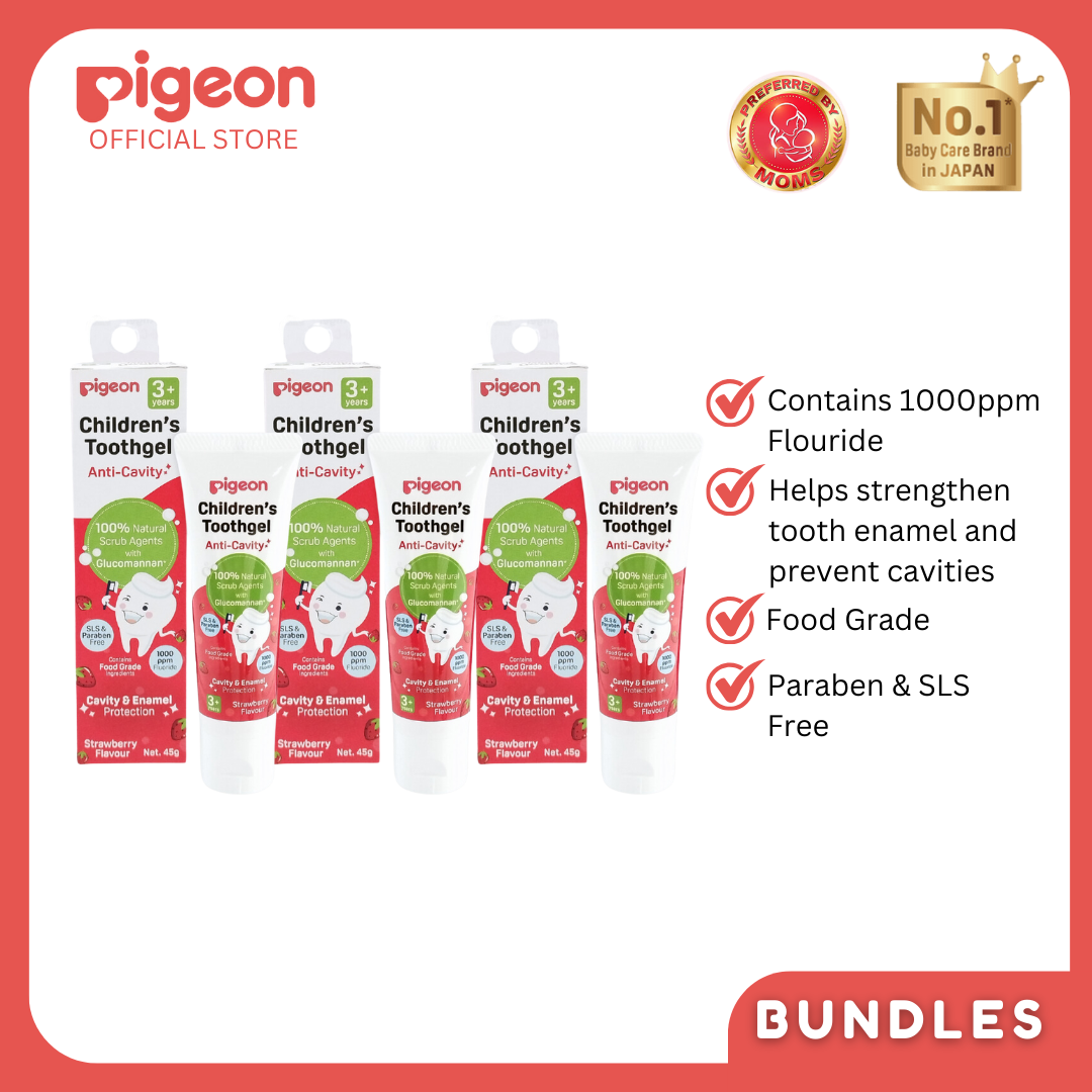 Pigeon Official Children's Toothgel 3+ year Strawberry Pack of 3 - Low Foaming, Anti Cavity, Safe to Swallow, 1000ppm, Food grade, Paraben SLS Silica Free, 100% Natural Scrub agent Glucomannan