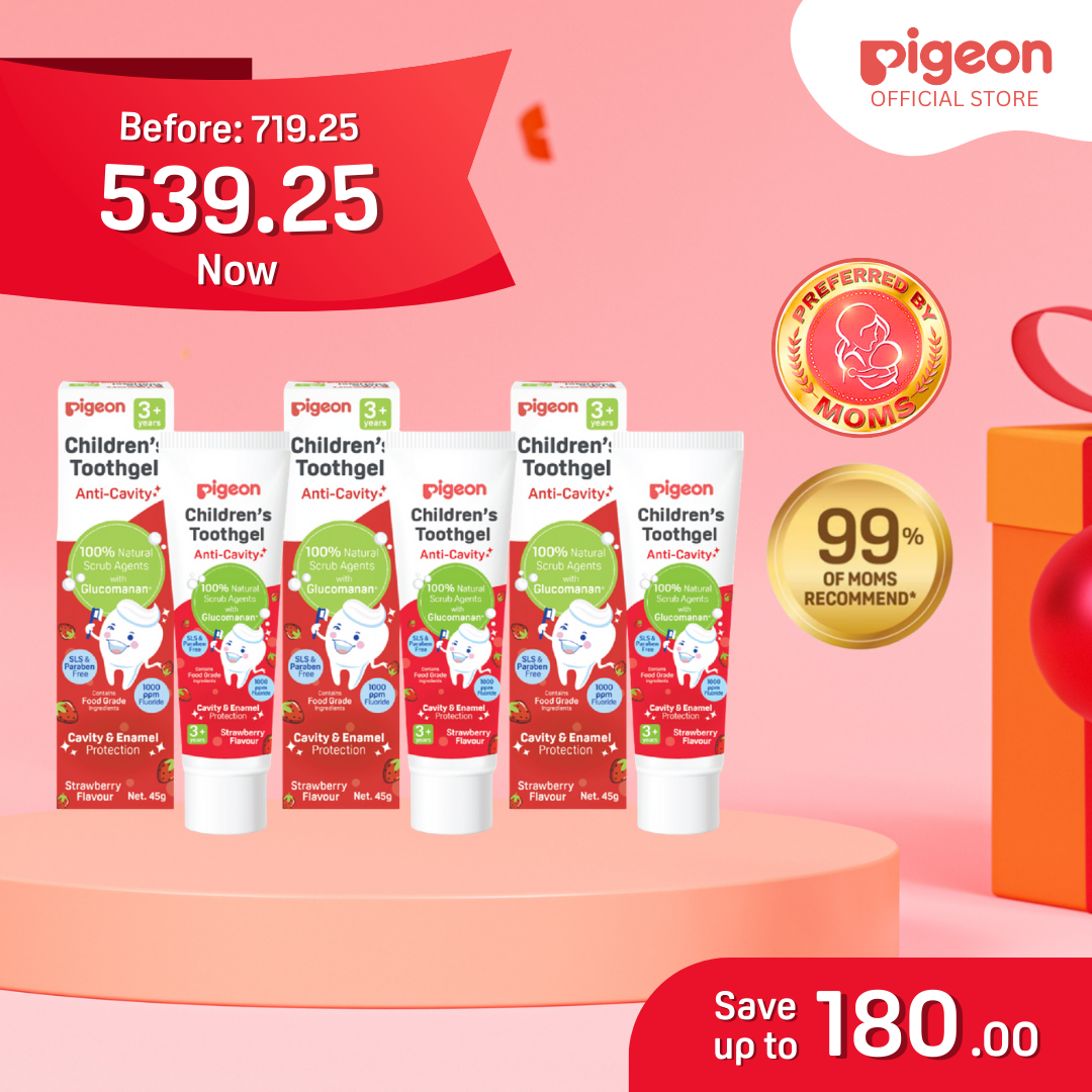 Pigeon Official Children's Toothgel 3+ year Strawberry Pack of 3 - Low Foaming, Anti Cavity, Safe to Swallow, 1000ppm, Food grade, Paraben SLS Silica Free, 100% Natural Scrub agent Glucomannan