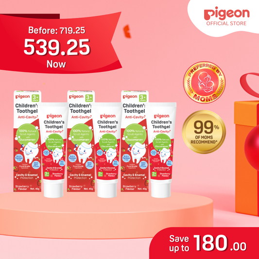 Pigeon Official Children's Toothgel 3+ year Strawberry Pack of 3 - Low Foaming, Anti Cavity, Safe to Swallow, 1000ppm, Food grade, Paraben SLS Silica Free, 100% Natural Scrub agent Glucomannan