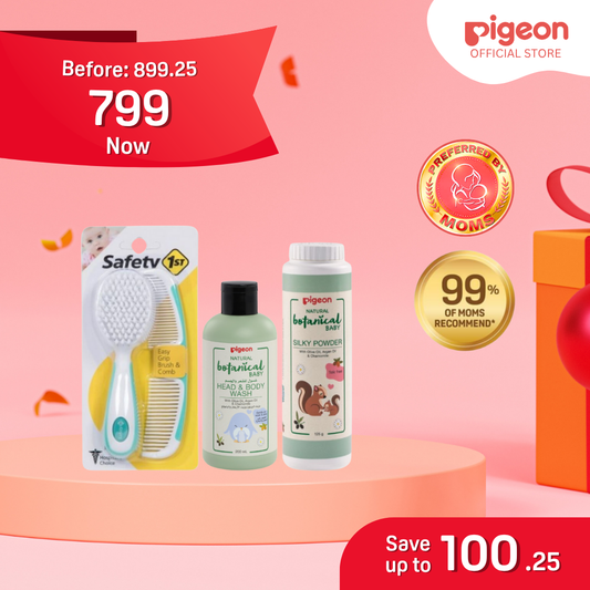 Gift  Set: Pigeon Botanicals Wash and Baby Powder x Safety 1st Easy Grip Comb and Fingertip Brush