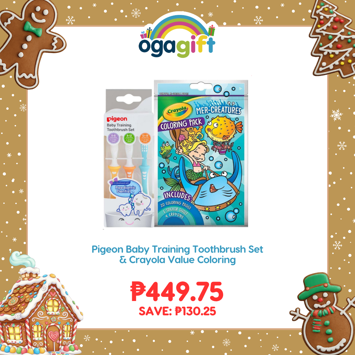 Pigeon OgaGift Set: Baby Training Toothbrush Set & Crayola Value Coloring for Toddler, Perfect Gift for Babies 12+m & Up