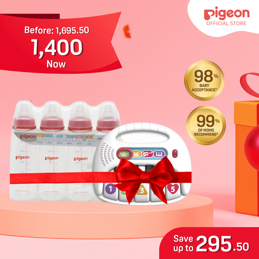 Pigeon PP Slim Neck Red Bottle (L) 240ml Pack of 4 and Kids Hits Musical Rainbow Piano Toy Bundle for Babies Toddlers 9+ months