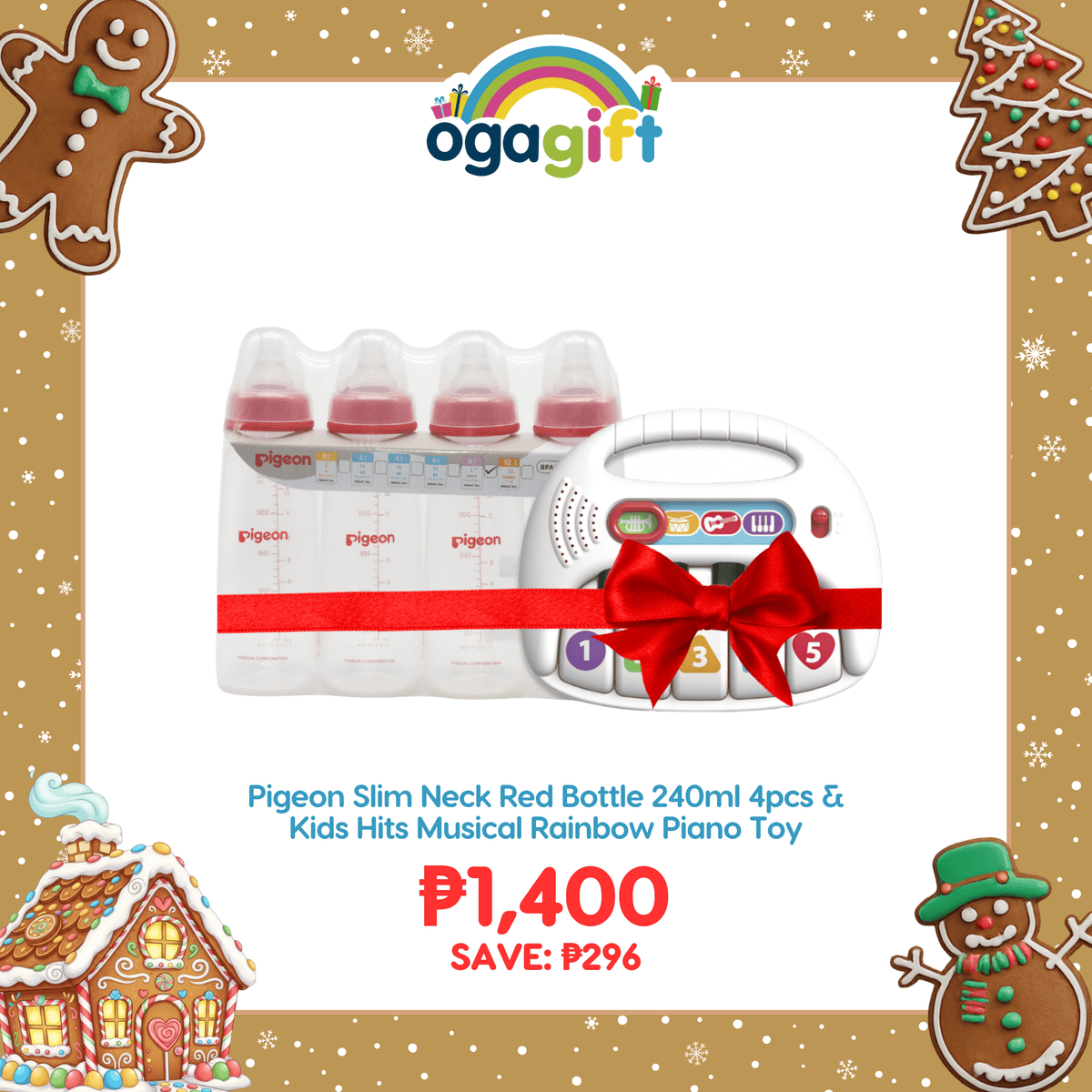 Pigeon OgaGift Set: Slim Neck Newborn Starter Set Feeding Bottle Red 240ml (L) Pack of 4 Pack of 4 & Kids Hits Musical Rainbow Piano Toy - Anti Colic, No Nipple Confusion, Japan No 1 Brand Perfect for Gifting for Babies 6+m & Up