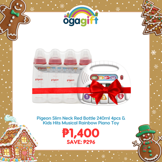 Pigeon PP Slim Neck Red Bottle (L) 240ml Pack of 4 and Kids Hits Musical Rainbow Piano Toy Bundle for Babies Toddlers 9+ months