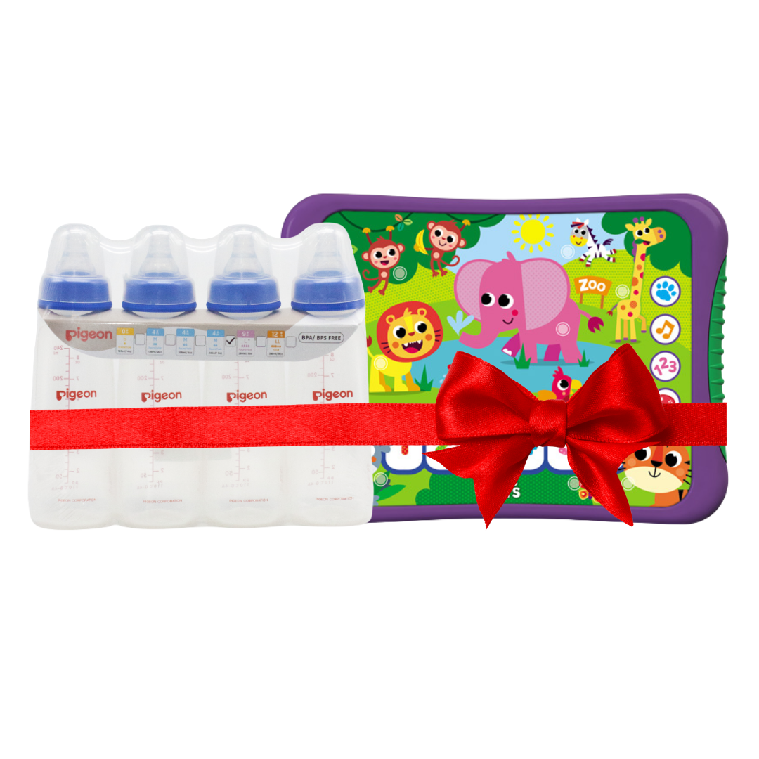 Pigeon PP Slim Neck Blue Bottle 240ml (M) Pack of 4 My Busy Zoo Hit Pad Bundle for Babies Toddlers 4+ months