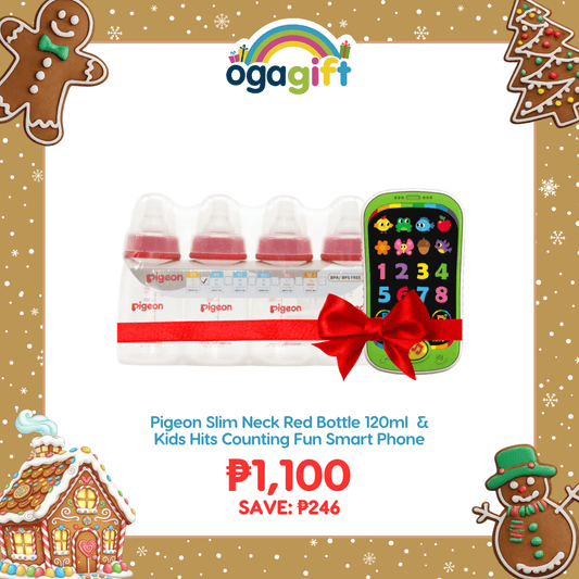 Pigeon OgaGift Set: Slim Neck Red Bottle 120ml (S) Pack of 4 and Kids Hits Counting Fun Smart Phone Perfect for Gifting for Babies and Toddlers from 9+m & Up