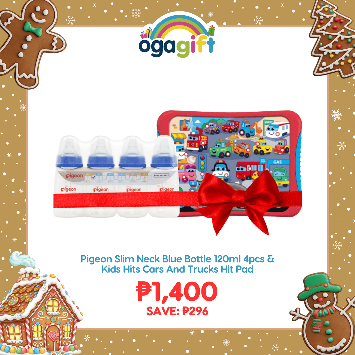 Pigeon OgaGift Set: Slim Neck Blue Bottle 120ml (S) Pack of 4 and Kids Hits Cars And Trucks Hit Pad Perfect for Gifting for Babies from 0+m & Up