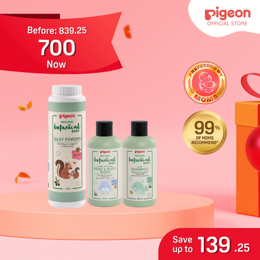 Pigeon Natural Botanicals Baby Bath Kit Shampoo, Body Wash, Powder Bundle - Gentle Plant-Based Formula, Environment Friendly, Safe for Babies with Sensitive Skin, Moisturizing