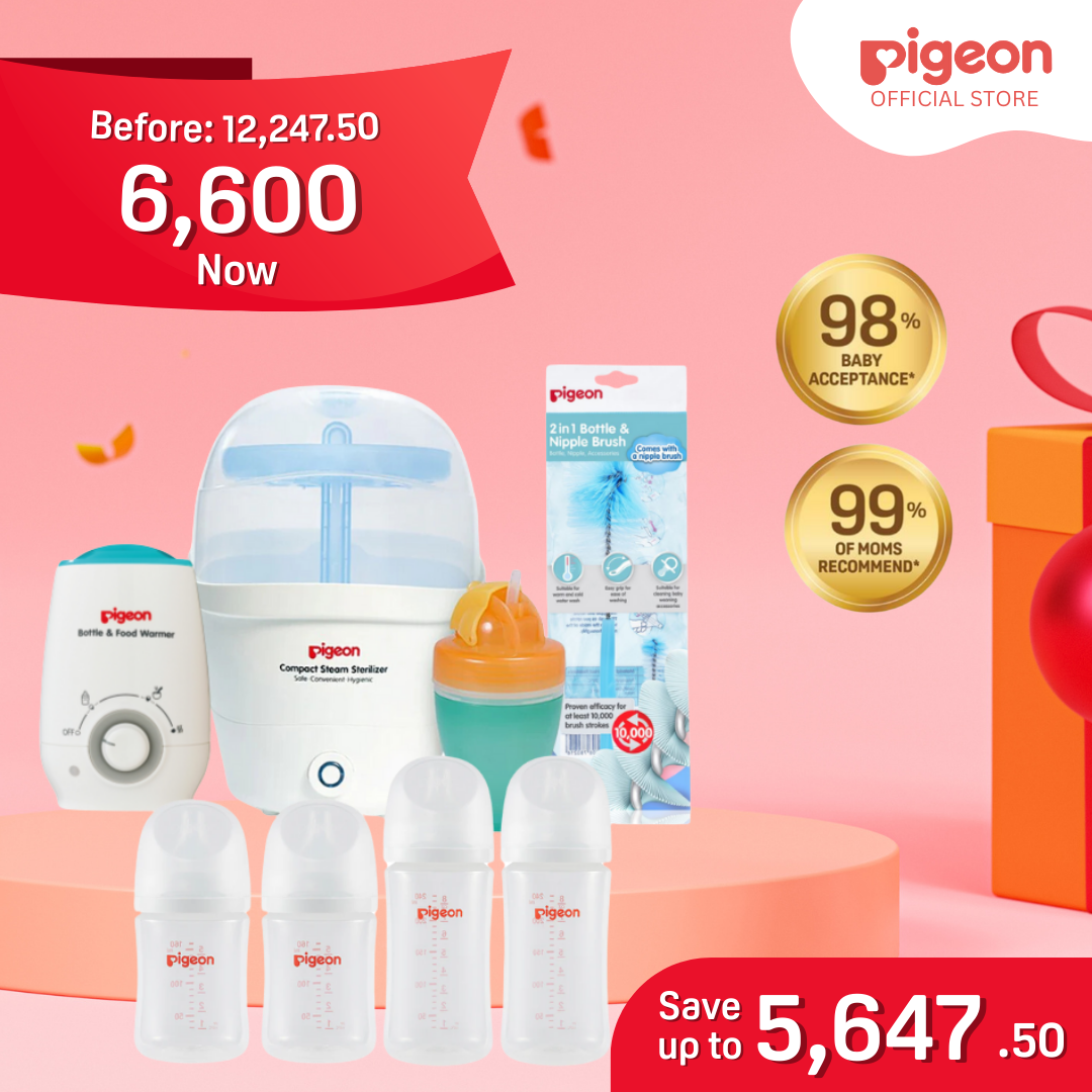 Pigeon Newborn Feeding Essentials Bundle - Sterilizer, Bottle Warmer, Wide Neck Bottle 240ml Wide Neck Bottle 160ml, Bottle Brush No Nipple Confusion, Anti Colic, Japan No 1 Brand Complete Baby Kit