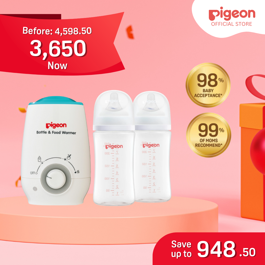 Pigeon Newborn Feeding Bundle 3+ Months - Bottle Warmer, PP Wide Neck Bottle 240ml 2pcs No Nipple Confusion, Anti Colic, Japan No 1 Brand, BPA Free, Complete Feeding Kit