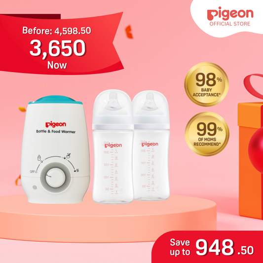 Pigeon Newborn Feeding Bundle 3+ Months - Bottle Warmer, PP Wide Neck Bottle 240ml 2pcs No Nipple Confusion, Anti Colic, Japan No 1 Brand, BPA Free, Complete Feeding Kit