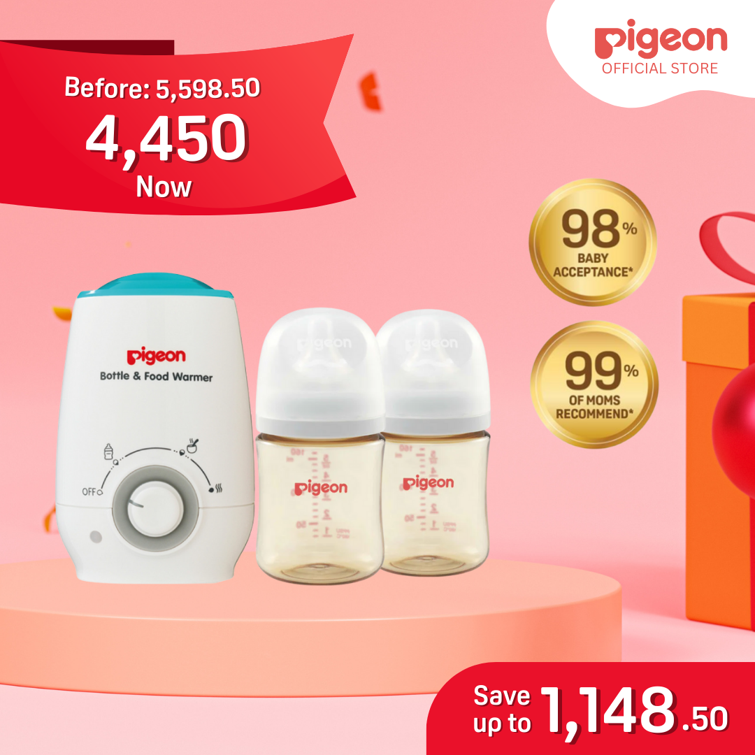 Pigeon Newborn Feeding Bundle 0+ Months - Bottle Warmer, PPSU Wide Neck Bottle 160ml 2pcs No Nipple Confusion, Anti Colic, Japan No 1 Brand, BPA Free, Complete Feeding Kit