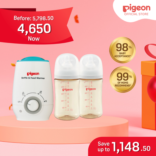 Pigeon Newborn Feeding Bundle 3+ Months - Bottle Warmer, PPSU Wide Neck Bottle 240ml 2pcs No Nipple Confusion, Anti Colic, Japan No 1 Brand, BPA Free, Complete Feeding Kit
