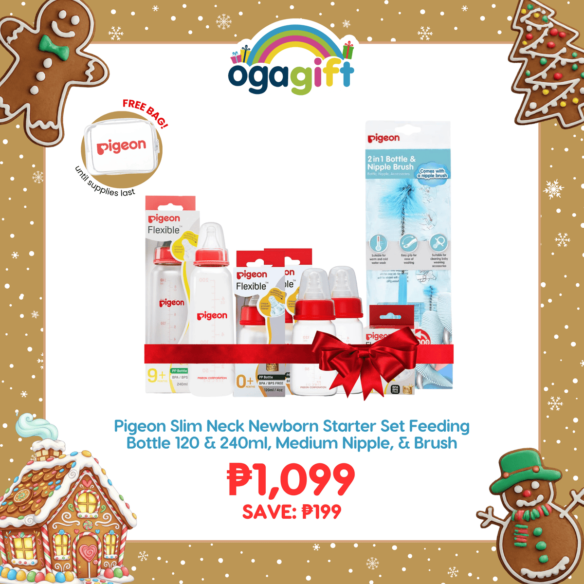 Pigeon OgaGift Set: Slim Neck Newborn Starter Set Feeding Bottle 120 & 240ml, Medium Nipple, Anti Colic, No Nipple Confusion, Anti Colic, Japan No 1 Brand Perfect for Gifting for Newborn 0+m & Up