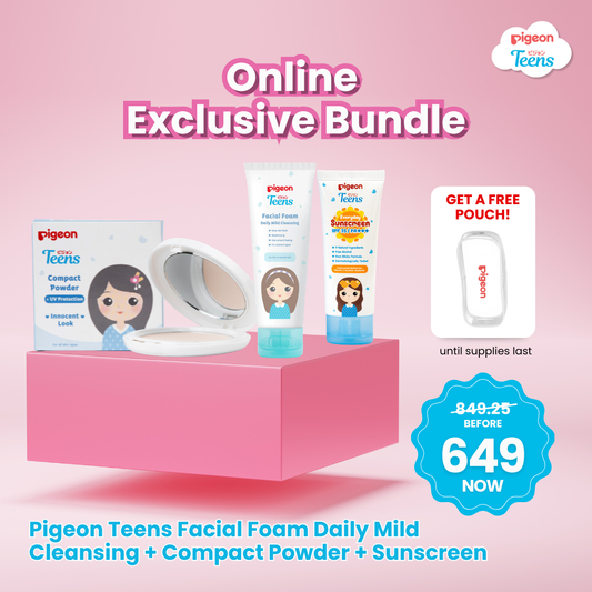 Pigeon Teens Daily Glow & UV Protect Bundle: Wash + Sunscreen + Compact Powder for Sensitive Skin